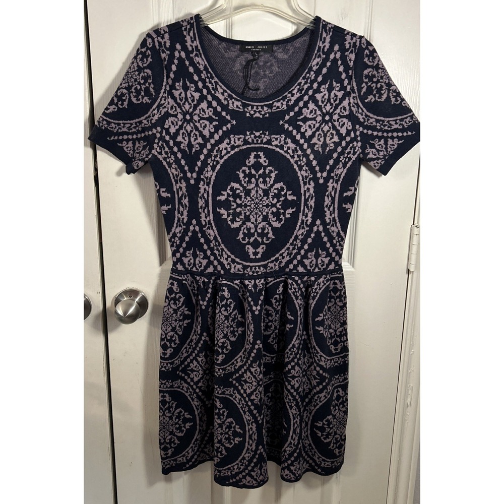 Romeo & Juliet Couture Sweater Dress Large Blue Purple Damask Baroque Fit &Flare